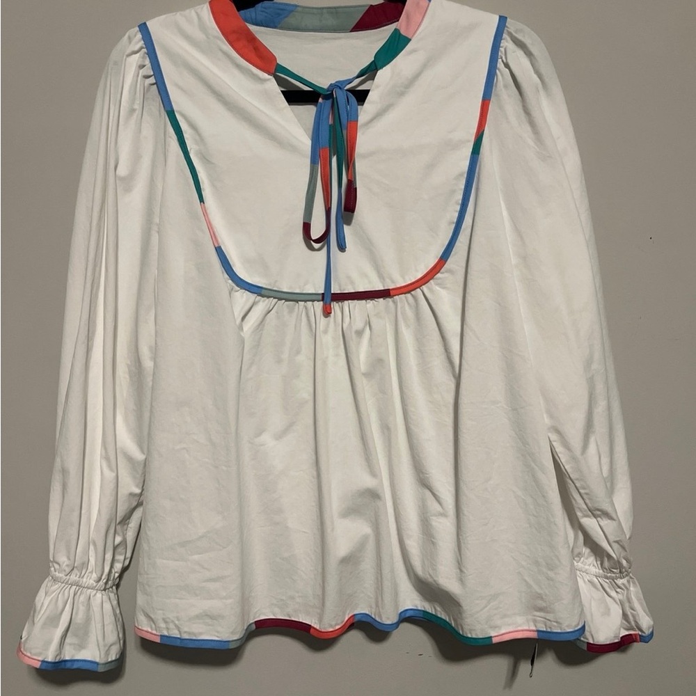 White Peasant Blouse with Multicolor Trim